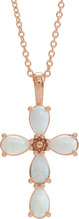 14K Gold Pear Natural White Opal Beaded Cross Necklace or Pendant - Rose Gold