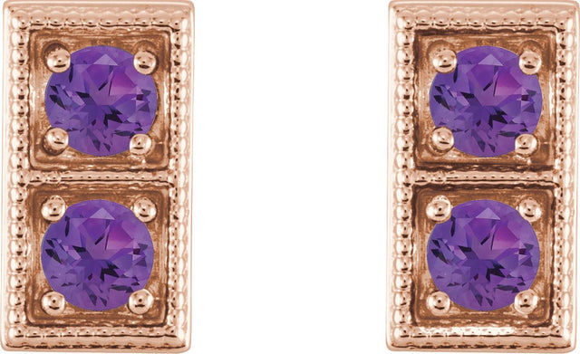 14K Gold Round Natural Amethyst Two-Stone Earrings - Rose Gold - view 4