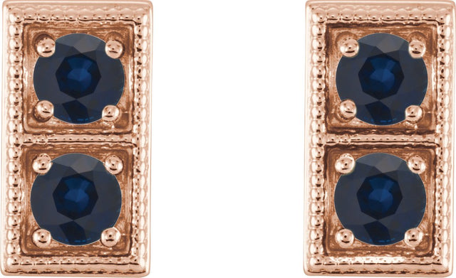 14K Gold Round Natural Blue Sapphire Two-Stone Earrings - Rose Gold - view 4