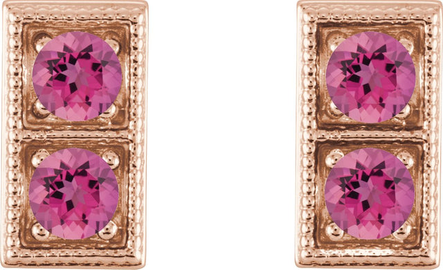 14K Gold Round Natural Pink Tourmaline Two-Stone Earrings - Rose Gold - view 4