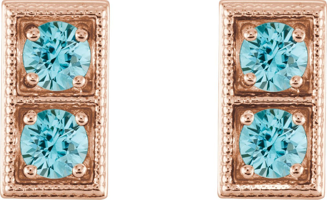 14K Gold Round Natural Blue Zircon Two-Stone Earrings - Rose Gold - view 4