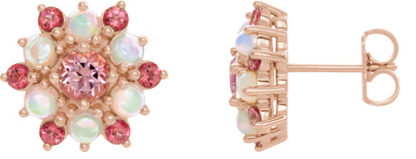 14K Gold Round Natural Pink Tourmaline & Natural Ethiopian Opal Accented Cabochon Earrings - Rose Gold