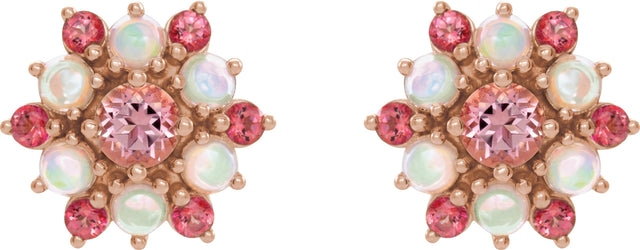 14K Gold Round Natural Pink Tourmaline & Natural Ethiopian Opal Accented Cabochon Earrings - Rose Gold - view 2