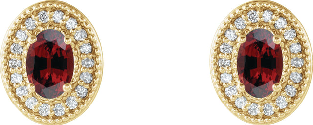 14K Gold Natural Mozambique Garnet & Natural Diamond Oval 4-Prong Halo-Style Earrings - Yellow Gold - view 2