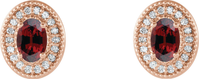 14K Gold Natural Mozambique Garnet & Natural Diamond Oval 4-Prong Halo-Style Earrings - Rose Gold - view 2