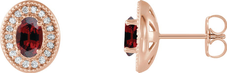 14K Gold Natural Mozambique Garnet & Natural Diamond Oval 4-Prong Halo-Style Earrings - Rose Gold
