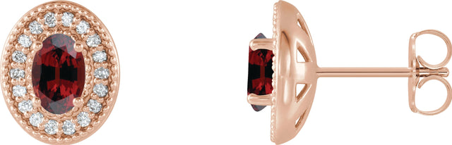 14K Gold Natural Mozambique Garnet & Natural Diamond Oval 4-Prong Halo-Style Earrings - Rose Gold