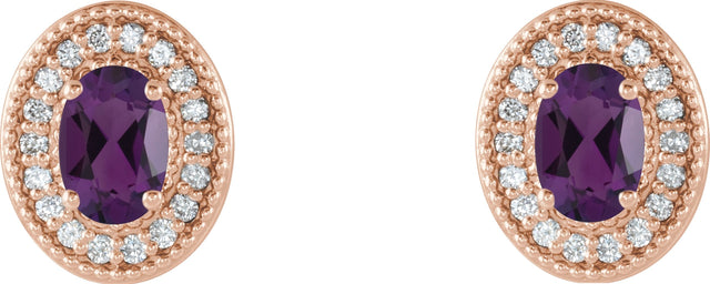 14K Gold Natural Amethyst & Natural Diamond Oval 4-Prong Halo-Style Earrings - Rose Gold - view 2