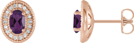 14K Gold Natural Amethyst & Natural Diamond Oval 4-Prong Halo-Style Earrings - Rose Gold
