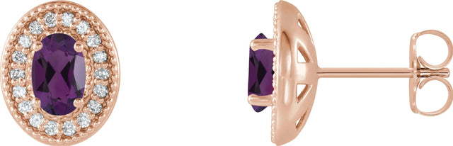 14K Gold Natural Amethyst & Natural Diamond Oval 4-Prong Halo-Style Earrings - Rose Gold