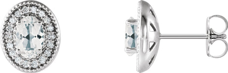 14K Gold Natural White Sapphire & Natural Diamond Oval 4-Prong Halo-Style Earrings - White Gold