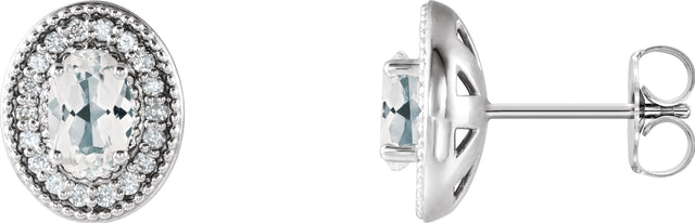 14K Gold Natural White Sapphire & Natural Diamond Oval 4-Prong Halo-Style Earrings - White Gold