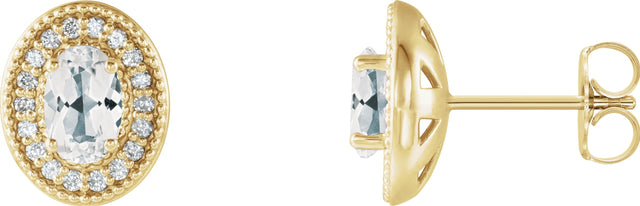 14K Gold Natural White Sapphire & Natural Diamond Oval 4-Prong Halo-Style Earrings - Yellow Gold