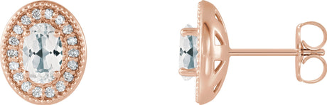 14K Gold Natural White Sapphire & Natural Diamond Oval 4-Prong Halo-Style Earrings - Rose Gold