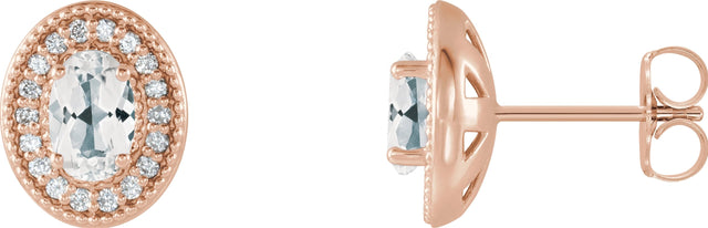 14K Gold Natural White Sapphire & Natural Diamond Oval 4-Prong Halo-Style Earrings - Rose Gold