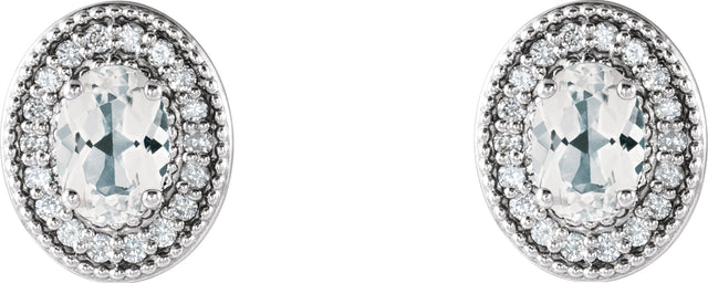 Platinum Natural White Sapphire & Natural Diamond Oval 4-Prong Halo-Style Earrings - view 2