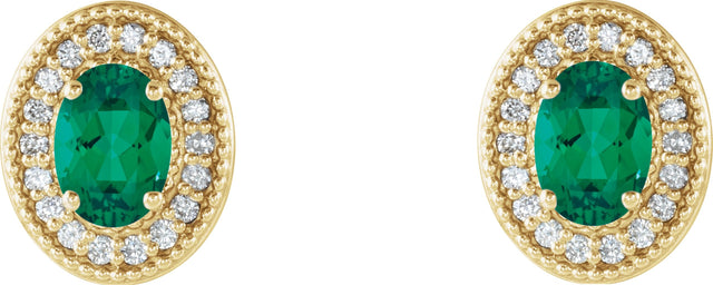 14K Gold Lab-Grown Emerald & Natural Diamond Oval 4-Prong Halo-Style Earrings - Yellow Gold - view 2