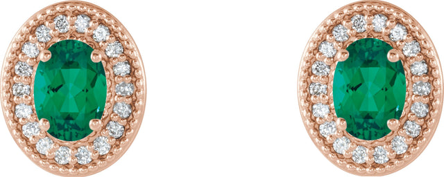 14K Gold Lab-Grown Emerald & Natural Diamond Oval 4-Prong Halo-Style Earrings - Rose Gold - view 2