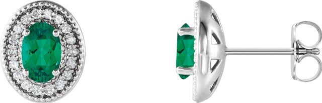 Platinum Lab-Grown Emerald & Natural Diamond Oval 4-Prong Halo-Style Earrings