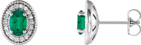 14K Gold Lab-Grown Emerald & Natural Diamond Oval 4-Prong Halo-Style Earrings – 6x4mm – 6mm Stones