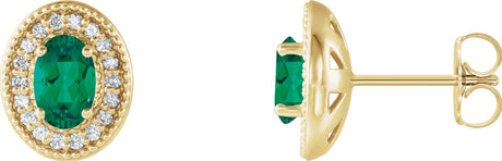 14K Gold Natural Emerald & Natural Diamond Oval 4-Prong Halo-Style Earrings - Yellow Gold