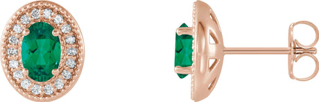 14K Gold Lab-Grown Emerald & Natural Diamond Oval 4-Prong Halo-Style Earrings - Rose Gold