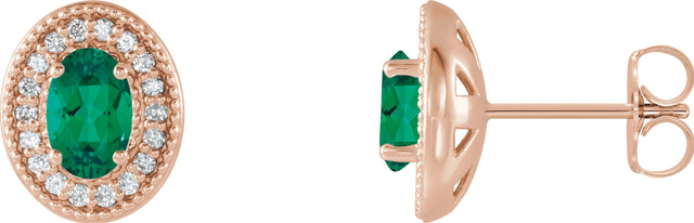 14K Gold Natural Emerald & Natural Diamond Oval 4-Prong Halo-Style Earrings - Rose Gold