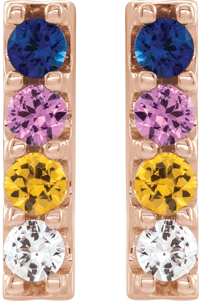 14K Gold Round Natural Multi-Gemstone Accented Bar Earrings - Rose Gold - view 6
