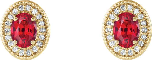 14K Gold Natural Ruby & Natural Diamond Oval 4-Prong Halo-Style Earrings - Yellow Gold - view 2