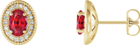 14K Gold Lab-Grown Ruby & Natural Diamond Oval 4-Prong Halo-Style Earrings - Yellow Gold