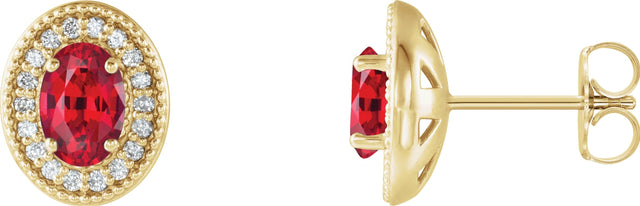 14K Gold Natural Ruby & Natural Diamond Oval 4-Prong Halo-Style Earrings - Yellow Gold