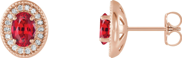 14K Gold Lab-Grown Ruby & Natural Diamond Oval 4-Prong Halo-Style Earrings - Rose Gold