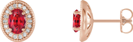 14K Gold Natural Ruby & Natural Diamond Oval 4-Prong Halo-Style Earrings - Rose Gold