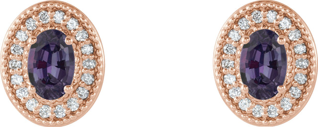 14K Gold Lab-Grown Alexandrite & Natural Diamond Oval 4-Prong Halo-Style Earrings - Rose Gold - view 2