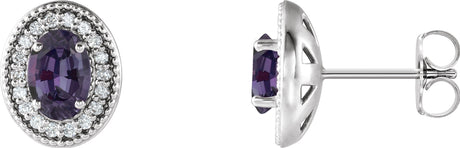 14K Gold Lab-Grown Alexandrite & Natural Diamond Oval 4-Prong Halo-Style Earrings - White Gold