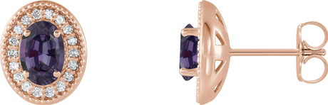 14K Gold Lab-Grown Alexandrite & Natural Diamond Oval 4-Prong Halo-Style Earrings - Rose Gold
