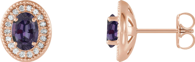 14K Gold Lab-Grown Alexandrite & Natural Diamond Oval 4-Prong Halo-Style Earrings - Rose Gold