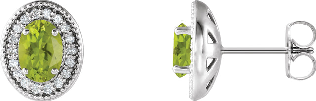 14K Gold Natural Peridot & Natural Diamond Oval 4-Prong Halo-Style Earrings - White Gold