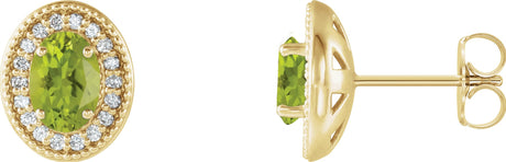 14K Gold Natural Peridot & Natural Diamond Oval 4-Prong Halo-Style Earrings - Yellow Gold