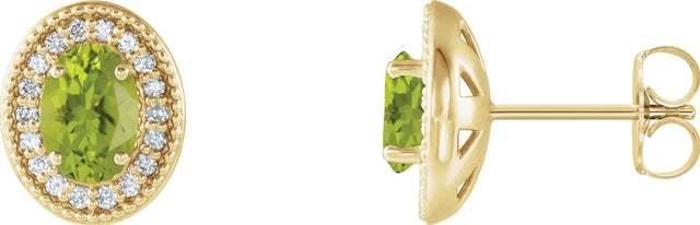 14K Gold Natural Peridot & Natural Diamond Oval 4-Prong Halo-Style Earrings - Yellow Gold
