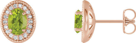 14K Gold Natural Peridot & Natural Diamond Oval 4-Prong Halo-Style Earrings - Rose Gold
