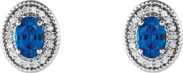 14K Gold Lab-Grown Blue Sapphire & Natural Diamond Oval 4-Prong Halo-Style Earrings – 5x3mm - White Gold - view 2