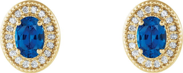 14K Gold Natural Blue Sapphire & Natural Diamond Oval 4-Prong Halo-Style Earrings - Yellow Gold - view 2