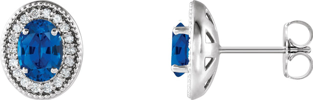 14K Gold Natural Blue Sapphire & Natural Diamond Oval 4-Prong Halo-Style Earrings - White Gold