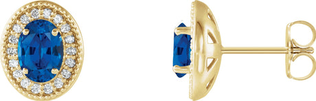 14K Gold Lab-Grown Blue Sapphire & Natural Diamond Oval 4-Prong Halo-Style Earrings – 5x3mm - Yellow Gold