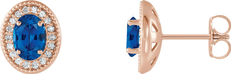 14K Gold Lab-Grown Blue Sapphire & Natural Diamond Oval 4-Prong Halo-Style Earrings – 5x3mm - Rose Gold
