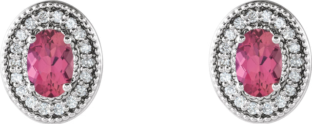 Platinum Natural Pink Tourmaline & Natural Diamond Oval 4-Prong Halo-Style Earrings - view 2