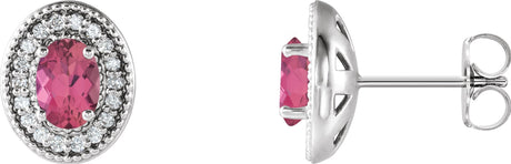 14K Gold Natural Pink Tourmaline & Natural Diamond Oval 4-Prong Halo-Style Earrings - White Gold
