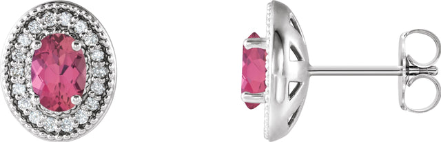 Platinum Natural Pink Tourmaline & Natural Diamond Oval 4-Prong Halo-Style Earrings