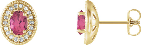 14K Gold Natural Pink Tourmaline & Natural Diamond Oval 4-Prong Halo-Style Earrings - Yellow Gold